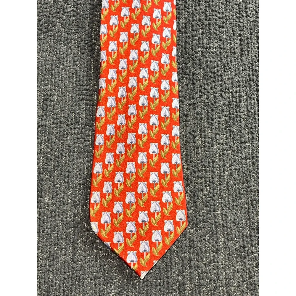 Ermenegildo Zegna Mens Red Silk Tulip Floral Pattern Necktie‎ Made in Italy
